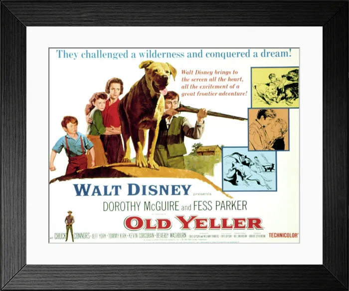 Framed Print : OLD YELLER, Kevin Corcoran, Beverly Washburn, Dorothy McGuire, Tommy Kirk, 1957, poster art