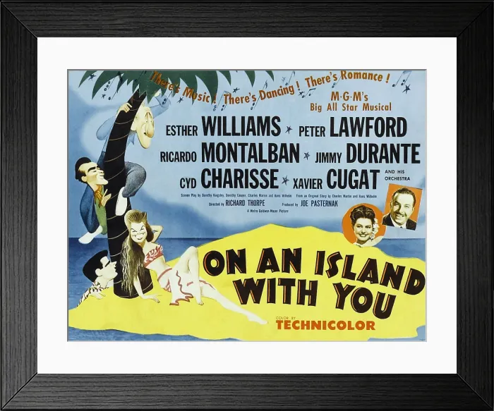 Framed Print : ON AN ISLAND WITH YOU, Peter Lawford, Ricardo Montalban, Esther Williams (as cartoons); Cyd Charisse, Xavier Cugat, 1948