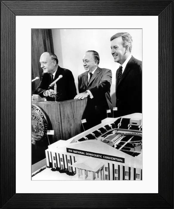 Framed Print : Richard J. Daley, Mayor of Chicago is joined by John Bailey (L) and John Criswell (R) at press conference to discuss the 1968 National Democratic Convention, Chicago, IL