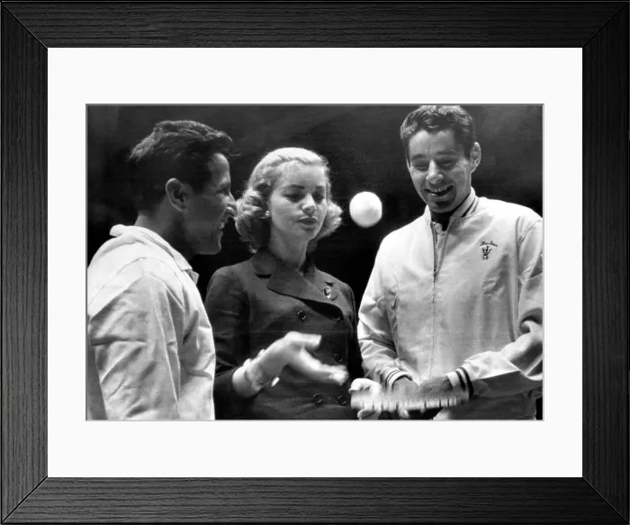 Framed Print : Actress Lauren Bacall serves up ball to pro tennis king Pancho Gonzales as pro ace Pancho Segura (left) looks on. February 13, 1958. Courtesy: CSU Archives / Everett Collection Framed Print : Actress Lauren Bacall serves up ball to pro tennis king Pancho Gonzales as pro ace Pancho Segura (left) looks on. February 13, 1958. Courtesy: CSU Archives / Everett Collection