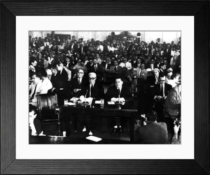 Framed Print : View in the crowded Caucus Room in the Senate Office Building as James R. Hoffa (on right), began his testimony before the Senate Labor Rackets Comittee Framed Print : View in the crowded Caucus Room in the Senate Office Building as James R. Hoffa (on right), began his testimony before the Senate Labor Rackets Comittee