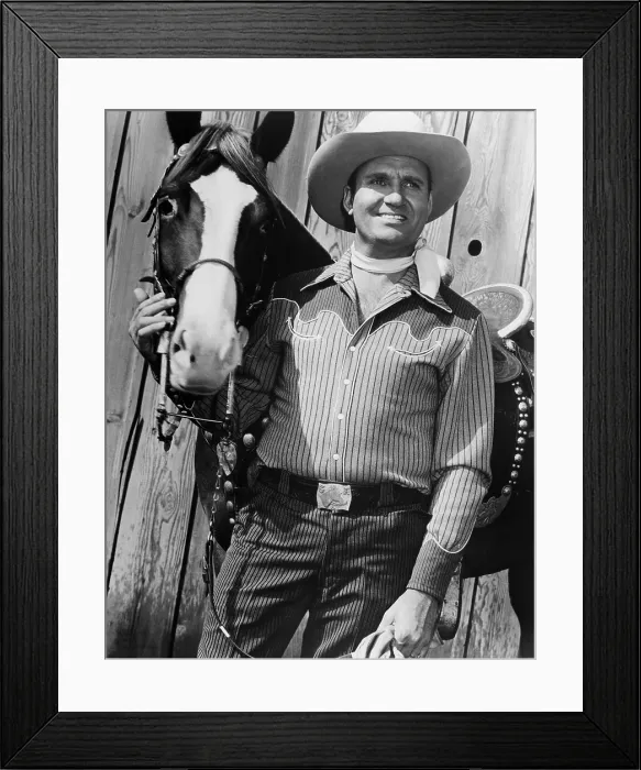 Framed Print : CHAMPION and GENE AUTRY as they appeared in BLUE CANADIAN ROCKIES, 1952 Framed Print : CHAMPION and GENE AUTRY as they appeared in BLUE CANADIAN ROCKIES, 1952