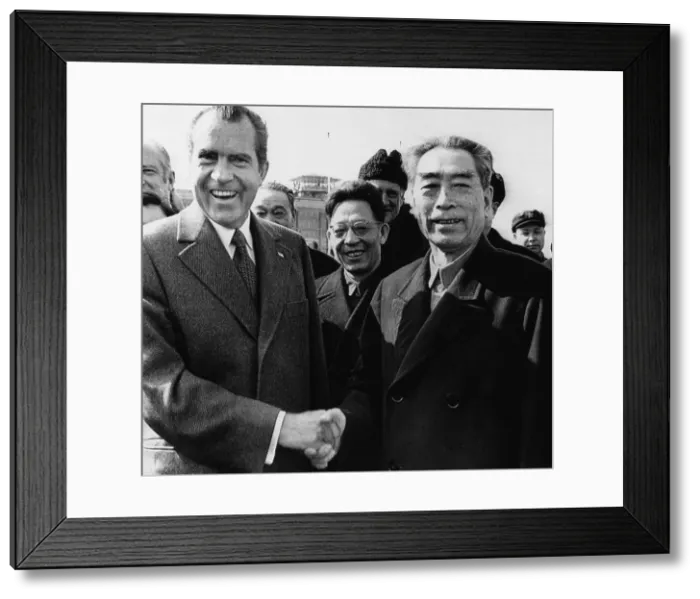Framed Print : U.S. President Richard Nixon, Chinese Premier Zhou Enlai, shaking hands at the Shanghai Airport, before Nixon's departure, Shanghai, China, February 28, 1972