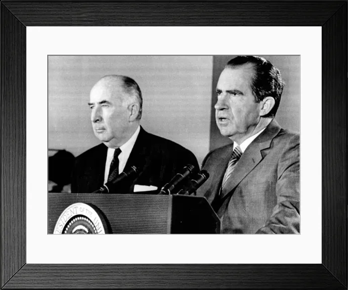 Framed Print : Attorney General John Mitchell and President Richard Nixon at a press conference during which Nixon declared Charles Manson guilty while Manson was still on trial. June 3, 1970