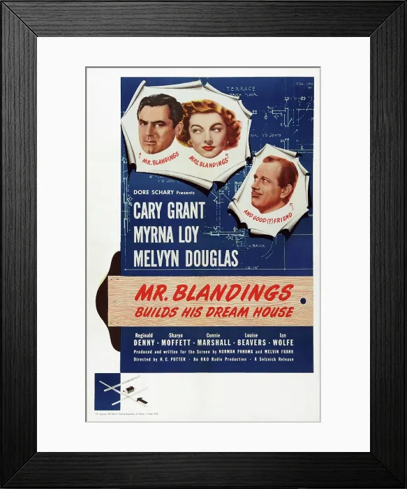 Framed Print : MR. BLANDINGS BUILDS HIS DREAM HOUSE, US poster art, from left: Cary Grant, Myrna Loy, Melvyn Douglas, 1948 Framed Print : MR. BLANDINGS BUILDS HIS DREAM HOUSE, US poster art, from left: Cary Grant, Myrna Loy, Melvyn Douglas, 1948