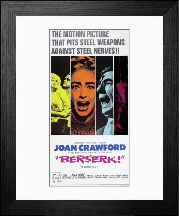 Framed Print : BERSERK, Diana Dors (blue), Joan Crawford (orange), Michael Gough (green), 1967 Framed Print : BERSERK, Diana Dors (blue), Joan Crawford (orange), Michael Gough (green), 1967