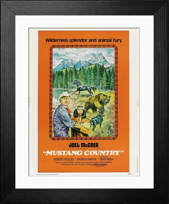 Framed Print : MUSTANG COUNTRY, US poster, from left: Joel McCrea, Nika Mina, 1976 Framed Print : MUSTANG COUNTRY, US poster, from left: Joel McCrea, Nika Mina, 1976