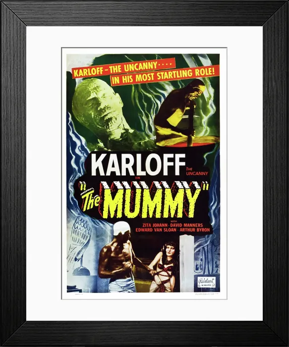 Framed Print : THE MUMMY, top left: Boris Karloff; top right: Noble Johnson; on bottom, left to right: Noble Johnson, Zita Johann on a 1951 re-issue poster, 1932 Framed Print : THE MUMMY, top left: Boris Karloff; top right: Noble Johnson; on bottom, left to right: Noble Johnson, Zita Johann on a 1951 re-issue poster, 1932