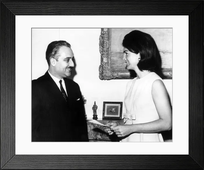Framed Print : Ambassador Talat Al-Ghoussein of Kuwait and Jacqueline Kennedy, after he presented her with a fifty thousand dollar check for the John F