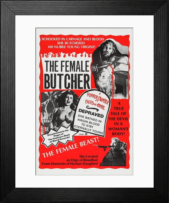 Framed Print : THE FEMALE BUTCHER, (aka CEREMONIA SANGRIENTA, aka BLOODY CEREMONY, aka BLOOD CASTLE, aka CONTESS DRACULA, aka THE BLOODY COUNTESS, aka THE LEGEND OF BLOOD CASTLE), US poster art