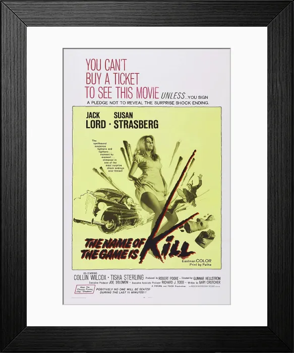 Framed Print : THE NAME OF THE GAME IS KILL, U.S. poster art, Tisha Sterling, 1968