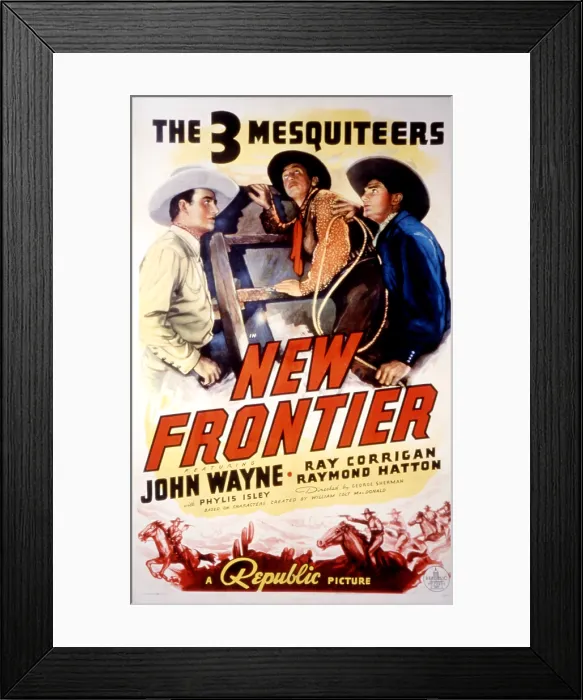Framed Print : THE NEW FRONTIER, John Wayne, Raymond Hatton, Ray Corrigan, movie poster art, 1935