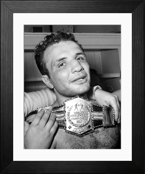 Framed Print : DETROIT, MICH.: Jake LaMotta is awarded the belt that is the symbol of the middleweight championship after he defeated MArcel Cerdan of France in a title bout, June 16, 1949