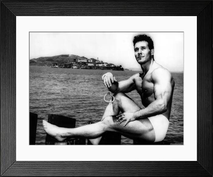 Framed Print : Jack Lalanne before handcuffed swim from Alcatraz Island to Fisherman's Wharf in San Francisco, 07-09-1955. Courtesy: CSU Archives / Everett Collection Framed Print : Jack Lalanne before handcuffed swim from Alcatraz Island to Fisherman's Wharf in San Francisco, 07-09-1955. Courtesy: CSU Archives / Everett Collection