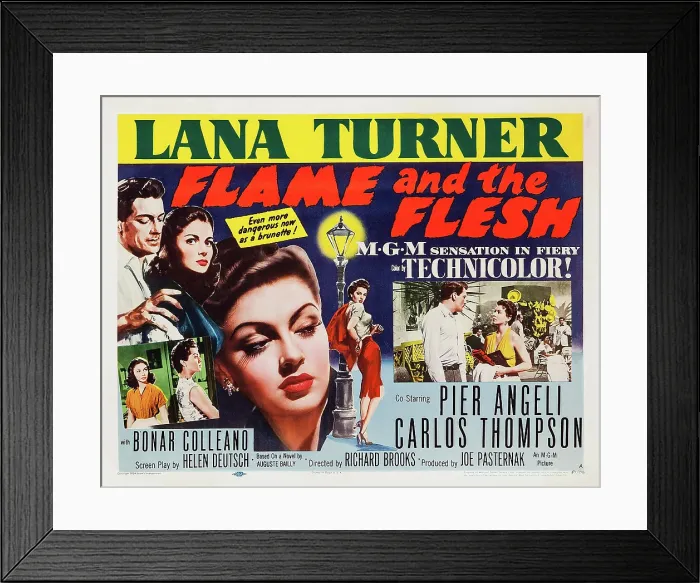 Framed Print : FLAME AND THE FLESH, US poster art, Carlos Thompson (top left), Pier Angeli (top right), Lana Turner (bottom left and right), 1954