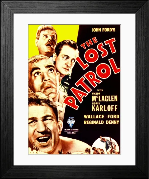 Framed Print : THE LOST PATROL, from top: Wallace Ford, Reginald Denny, Boris Karloff, Victor McLaglen on midget window card, 1934