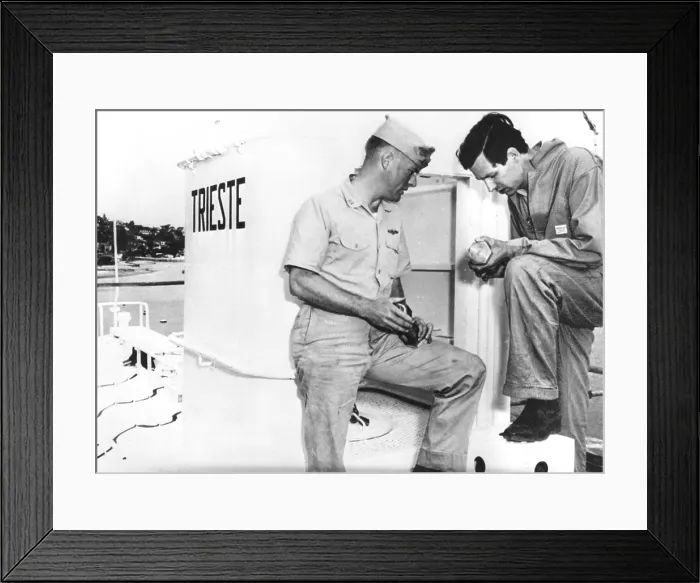 Framed Print : Swiss scientist Jacques Piccard and Navy Lieutenant Don Walsh aboard the bathyscaphe Trieste, San Diego, CA 01-23-1960.. Courtesy: CSU Archives / Everett Collection Framed Print : Swiss scientist Jacques Piccard and Navy Lieutenant Don Walsh aboard the bathyscaphe Trieste, San Diego, CA 01-23-1960.. Courtesy: CSU Archives / Everett Collection