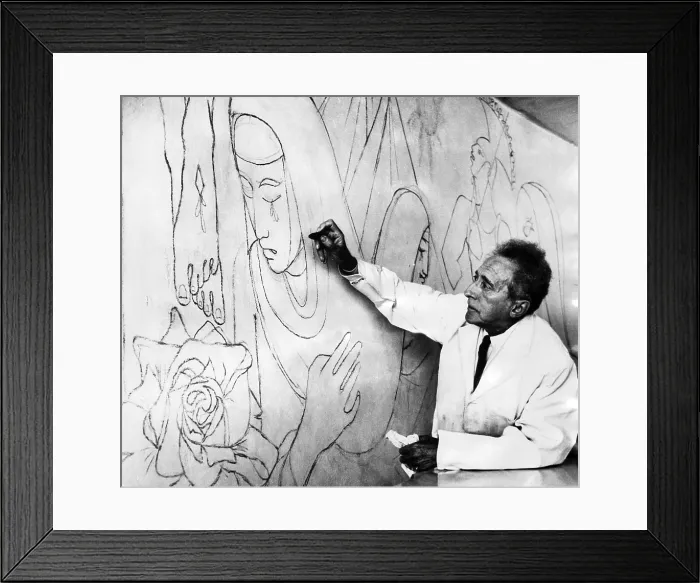 Framed Print : Jean Cocteau works on a mural in the Lady Chapel of the French Church of Notre Dame in London, 1959. Courtesy: CSU Archives / Everett Collection