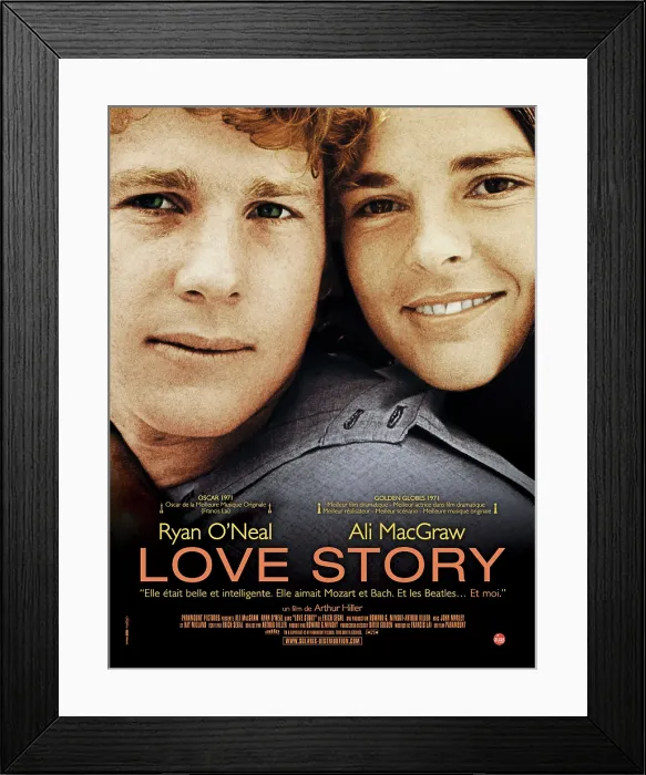 Framed Print : LOVE STORY, from left: Ryan O'Neal, Ali MacGraw on French poster art, 1970