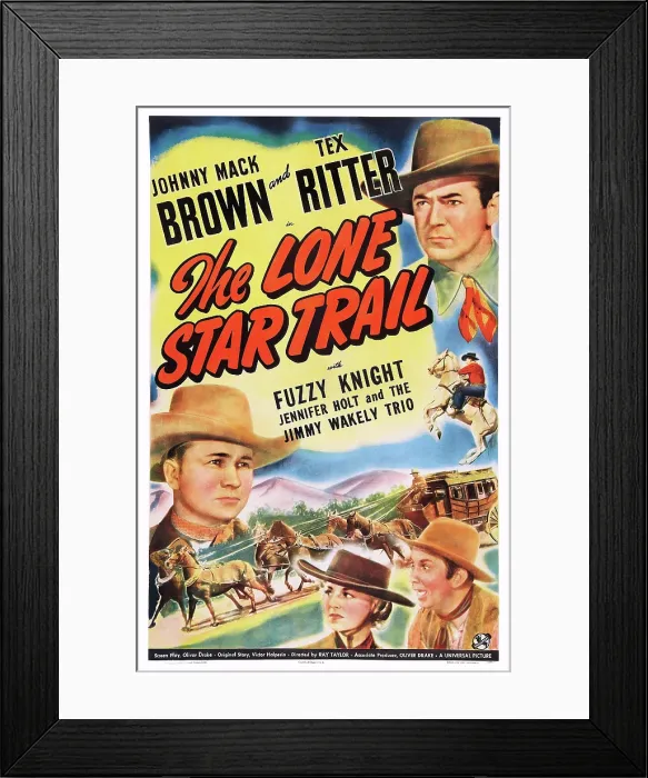 Framed Print : THE LONE STAR TRAIL, US poster art, clockwise from top right: Johnny Mack Brown, Fuzzy Knight, Jennifer Holt, Tex Ritter, 1943