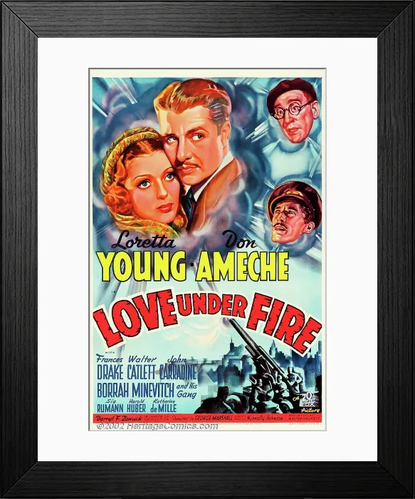 Framed Print : LOVE UNDER FIRE, US poster, clockwise from left: Loretta Young, Don Ameche, Walter Catlet, John Carradine, 1937. TM & copyright 20th Century Fox Film Corp Framed Print : LOVE UNDER FIRE, US poster, clockwise from left: Loretta Young, Don Ameche, Walter Catlet, John Carradine, 1937. TM & copyright 20th Century Fox Film Corp
