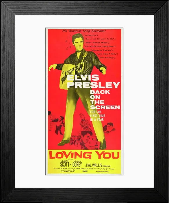 Framed Print : LOVING YOU, top: Elvis Presley, bottom: Dolores Hart, Elvis Presley, Lizabeth Scott on poster art, 1957 Framed Print : LOVING YOU, top: Elvis Presley, bottom: Dolores Hart, Elvis Presley, Lizabeth Scott on poster art, 1957