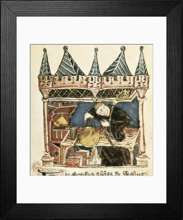 Framed Print : Richard de Wallingford measuring a circular instrument with a couple of compasses. Illustration of the manuscript 'Cotton Claudius'. Gothic art. Miniature Painting Framed Print : Richard de Wallingford measuring a circular instrument with a couple of compasses. Illustration of the manuscript 'Cotton Claudius'. Gothic art. Miniature Painting