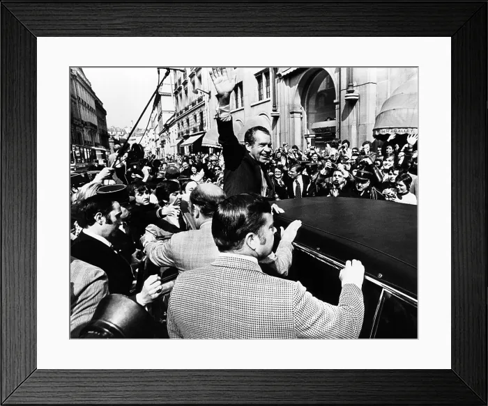 Framed Print : President Richard Nixon waves to cheering spectators in Paris. Nixon was in Paris to attend the memorial service for French President Pompidou. April 7, 1974