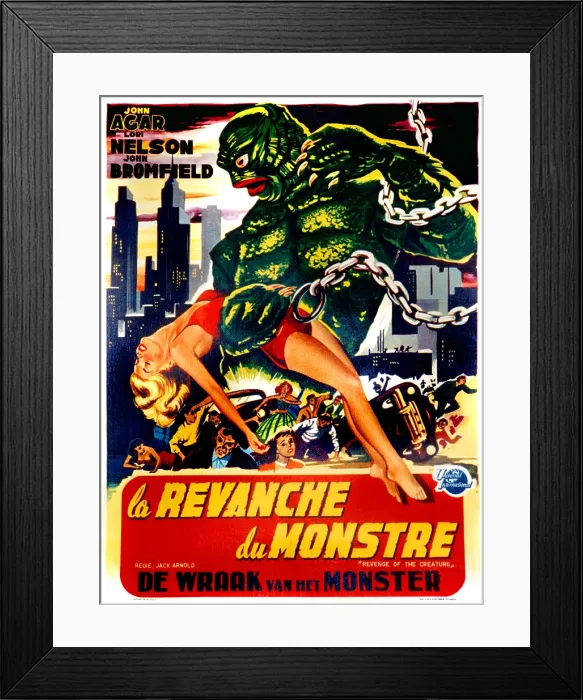 Framed Print : REVENGE OF THE CREATURE, (aka LA REVANCHE DU MONSTRE), French language poster art, Lori Nelson (in red), Tom Hennesy (the creature), 1955