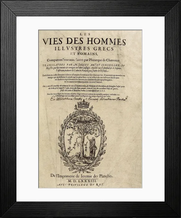 Framed Print : PLUTARCH (45-125). Frontispiece of a French edition of the work 'Life of the Noble Greeks and Romans', also known as 'Parallel Lives'. FRANCE. Paris Framed Print : PLUTARCH (45-125). Frontispiece of a French edition of the work 'Life of the Noble Greeks and Romans', also known as 'Parallel Lives'. FRANCE. Paris