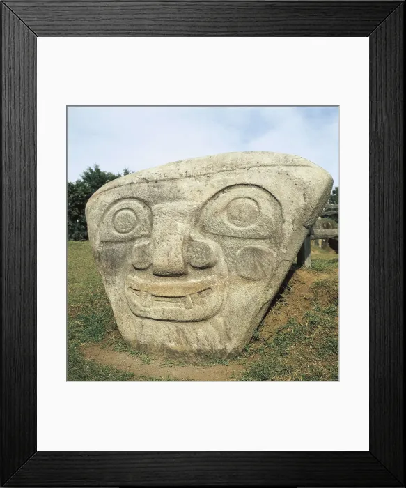 Framed Print : COLOMBIA. HUILA. San Agustn. Alto de los Idolos. Mask of a solar deity, of the Pre-Columbian culture of San Agustn (6th c. BC). Pre-Columbian art. Sculpture Framed Print : COLOMBIA. HUILA. San Agustn. Alto de los Idolos. Mask of a solar deity, of the Pre-Columbian culture of San Agustn (6th c. BC). Pre-Columbian art. Sculpture