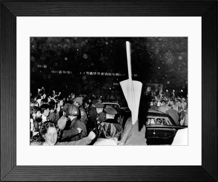 Framed Print : President Richard Nixon's limousine was a target of anti-war protesters. Demonstrators hurled eggs and obscenities at the car carrying when Nixon, California Gov