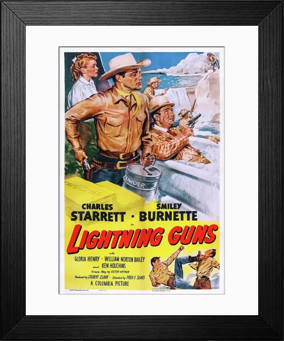 Framed Print : LIGHTNING GUNS, US poster art, top from left: Gloria Henry, Charles Starrett, Smiley Burnette, 1950