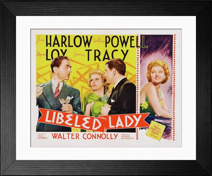 Framed Print : LIBELED LADY, l-r: William Powell, Jean Harlow, Spencer Tracy, far right: Jean Harlow on title card, 1936 Framed Print : LIBELED LADY, l-r: William Powell, Jean Harlow, Spencer Tracy, far right: Jean Harlow on title card, 1936