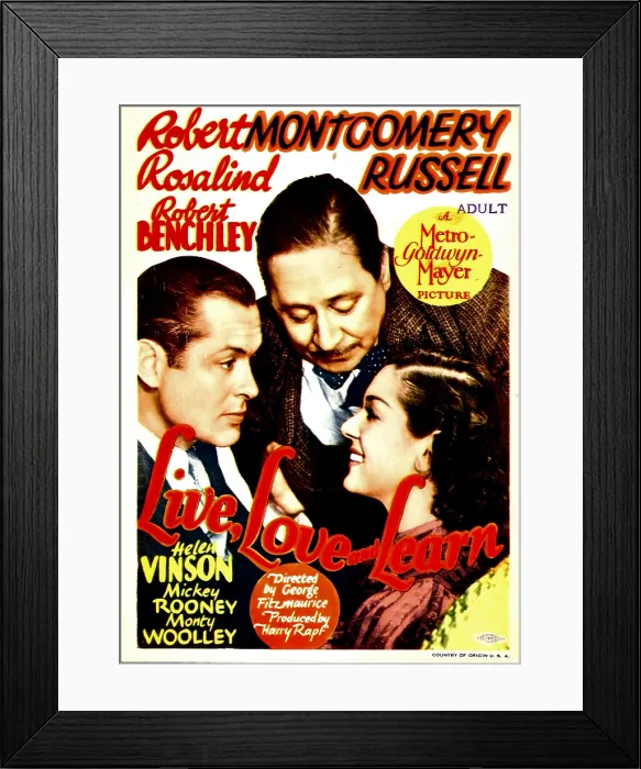 Framed Print : LIVE LOVE AND LEARN, from left: Robert Montgomery, Robert Benchley, Rosalind Russell on midget window card, 1937