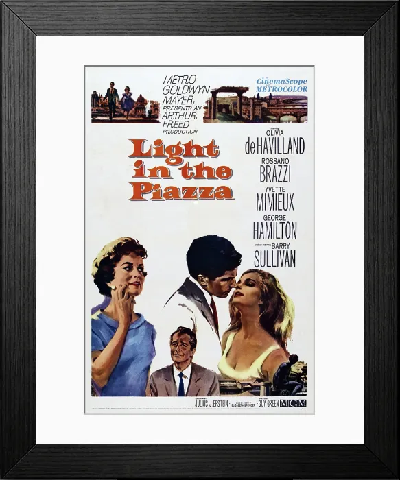 Framed Print : LIGHT IN THE PIAZZA, US poster, from left: Olivia de Havilland, Rossano Brazzi, George Hamilton, Yvette Mimieux, 1962 Framed Print : LIGHT IN THE PIAZZA, US poster, from left: Olivia de Havilland, Rossano Brazzi, George Hamilton, Yvette Mimieux, 1962