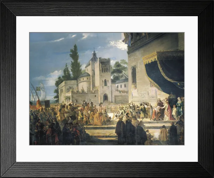 Framed Print : Meeting of Christopher Columbus with the Catholic Monarchs (Barcelona, March 1493) after his arrival from Amrica. Painting by Garca Ibez. Oil on canvas. SPAIN. Madrid Framed Print : Meeting of Christopher Columbus with the Catholic Monarchs (Barcelona, March 1493) after his arrival from Amrica. Painting by Garca Ibez. Oil on canvas. SPAIN. Madrid