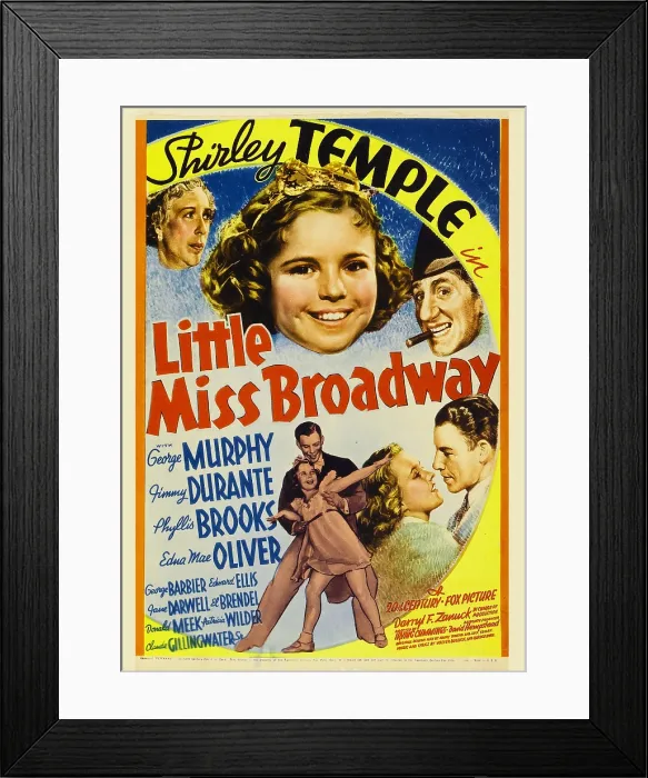 Framed Print : LITTLE MISS BROADWAY, top from left: Edna May Oliver, Shirley Temple, Jimmy Durante, bottom from left: Shirley Temple, George Murphy, Phyllis Brooks, George Murphy on window card
