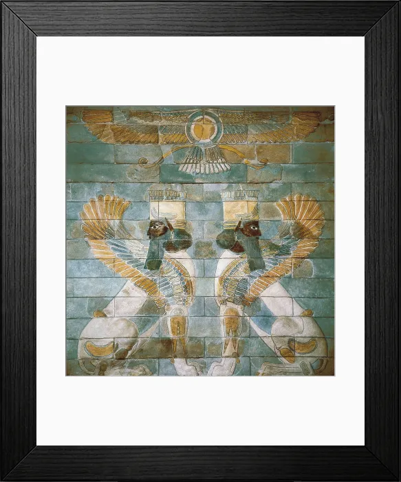 Framed Print : Two Androcephalic Sphynxes or Lions under the Great God Ahura Mazda. 5th c. BC. Glazing brick. Persian art. Achaemenid period. IRAN. Tehran. Iran's National Museum Framed Print : Two Androcephalic Sphynxes or Lions under the Great God Ahura Mazda. 5th c. BC. Glazing brick. Persian art. Achaemenid period. IRAN. Tehran. Iran's National Museum