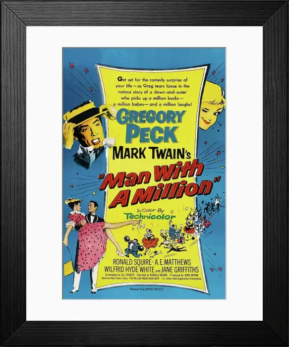 Framed Print : MAN WITH A MILLION, (aka THE MILLION POUND NOTE), US poster art, bottom left: Jane Griffiths, Gregory Peck, 1954 Framed Print : MAN WITH A MILLION, (aka THE MILLION POUND NOTE), US poster art, bottom left: Jane Griffiths, Gregory Peck, 1954