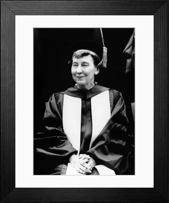 Framed Print : Mamie Eisenhower, widow of President Dwight Eisenhower, smiles as the charter graduating class of Eisenhower College prepares to receive their diplomas on May 28, 1972 Framed Print : Mamie Eisenhower, widow of President Dwight Eisenhower, smiles as the charter graduating class of Eisenhower College prepares to receive their diplomas on May 28, 1972