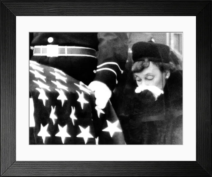 Framed Print : President Eisenhower's funeral. Mamie Eisenhower, the former President's widow, weeps during the burial services at the Eisenhower Library. April 2, 1969