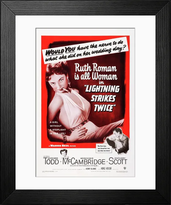 Framed Print : LIGHTNING STRIKES TWICE, US poster art, top: Ruth Roman; bottom, from left: Mercedes McCambridge, Ruth Roman, Richard Todd, 1951