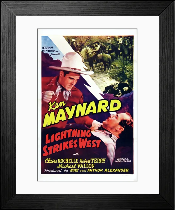 Framed Print : LIGHTNING STRIKES WEST, US poster art, left: Ken Maynard, 1940