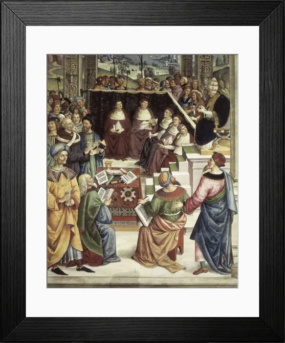 Framed Print : PINTURICCHIO, Bernardino di Betto, called Il (1454-1513). Piccolomini Library. 1502-1508. ITALY. Siena. Cathedral. Pope Pius II chairing a concile. Renaissance art. Quattrocento Framed Print : PINTURICCHIO, Bernardino di Betto, called Il (1454-1513). Piccolomini Library. 1502-1508. ITALY. Siena. Cathedral. Pope Pius II chairing a concile. Renaissance art. Quattrocento