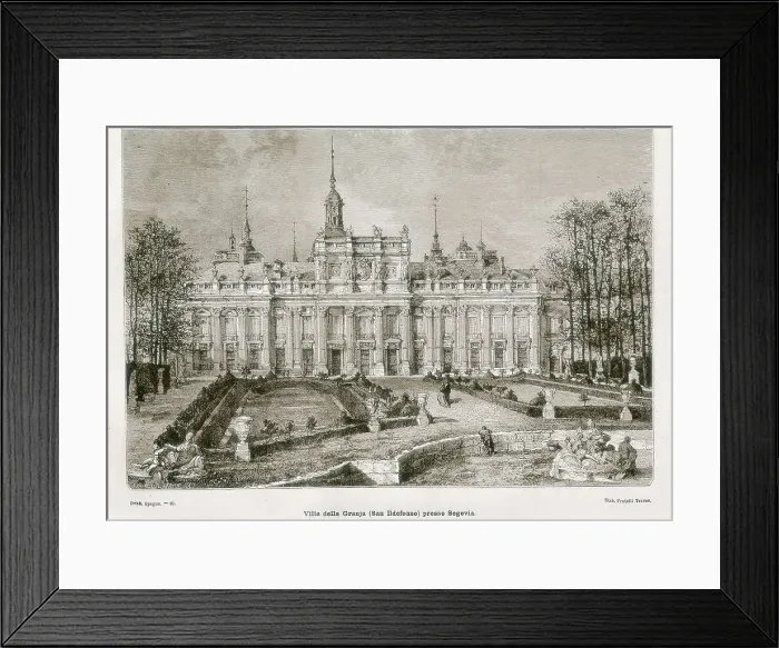 Framed Print : Spain (1874). Royal Palace of la Granja de San Ildefonso. Picture from the book 'L'Espagne' by Charles Davillier. Litography. SPAIN. Madrid. National Library Framed Print : Spain (1874). Royal Palace of la Granja de San Ildefonso. Picture from the book 'L'Espagne' by Charles Davillier. Litography. SPAIN. Madrid. National Library