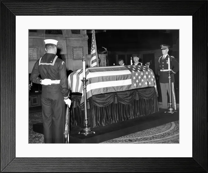 Framed Print : Former President Herbert Hoover's flag draped coffin. Armed force honor guards surround the casket in St. Bartholomew's Church, New York City, Oct. 21 1964