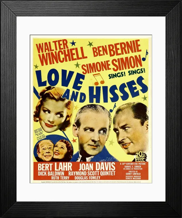 Framed Print : LOVE AND HISSES, top from left: Simone Simon, Walter Winchell, Ben Bernie, bottom from left: Bert Lahr, Joan Davis on window card, 1937