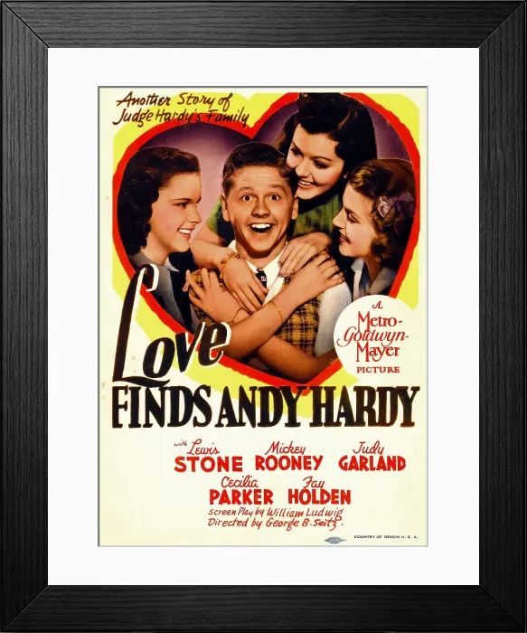 Framed Print : LOVE FINDS ANDY HARDY, from left: Judy Garland, Mickey Rooney, Ann Rutherford, Lana Turner on midget window card, 1938