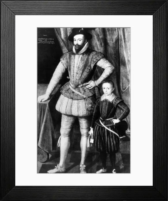 Framed Print : English explorer and writer Sir Walter Raleigh, with his eldest son Walter, 1602.. Courtesy: CSU Archives / Everett Collection Framed Print : English explorer and writer Sir Walter Raleigh, with his eldest son Walter, 1602.. Courtesy: CSU Archives / Everett Collection